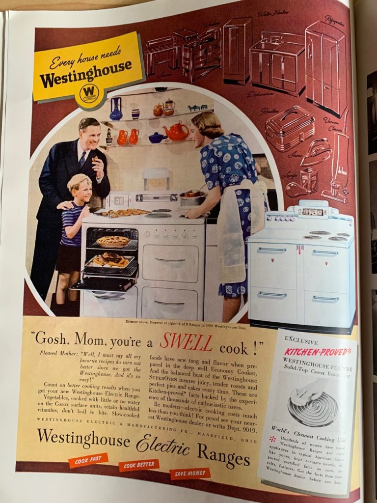 1930s Vintage Ad for Westinghouse Electric Ranges featuring a mother cooking and baking for her family. 