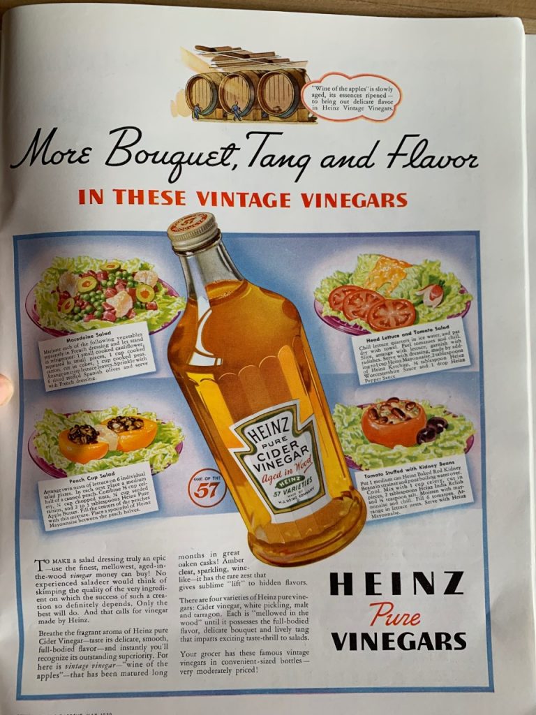 1930s Vintage ad for Heinz pur Vinegars-Cider Vinegar a vintage vinegar. The 1939 features 4 salad recipes you can enjoy with this topping. 