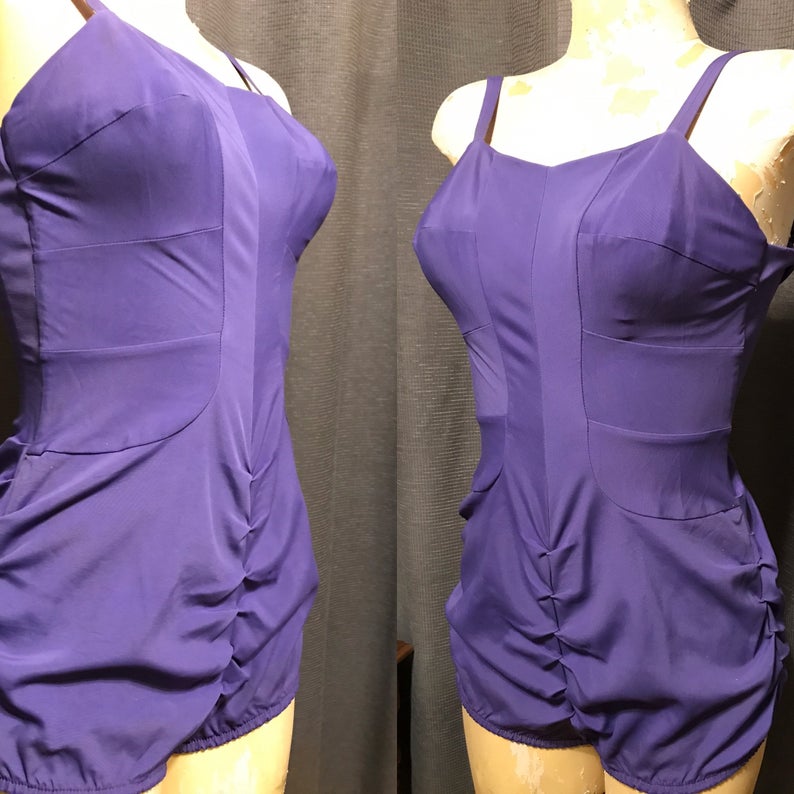 1950s "Hourglass Maillot" Purple One-Piece Swimsuit by Rose Marie Reid with Bubble Style Bottom, Structured Bullet Shaped Top