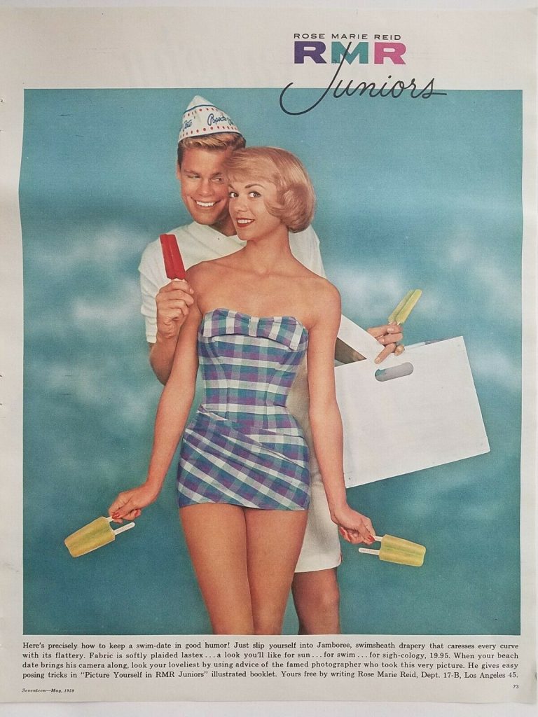 1959 women's Rose Marie Reid juniors plaid swimsuit bathing suit ad