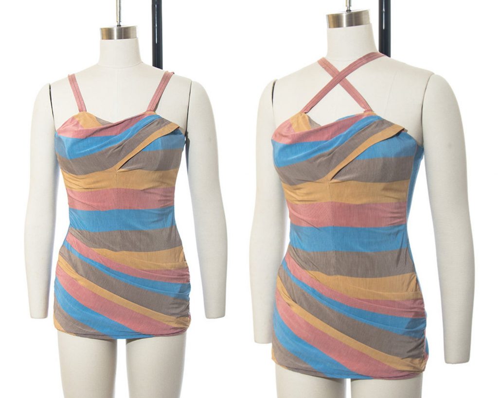 Vintage 1950s Swimsuit | 50s ROSE MARIE REID Pastel Striped Modesty Panel One Piece Bathing Suit