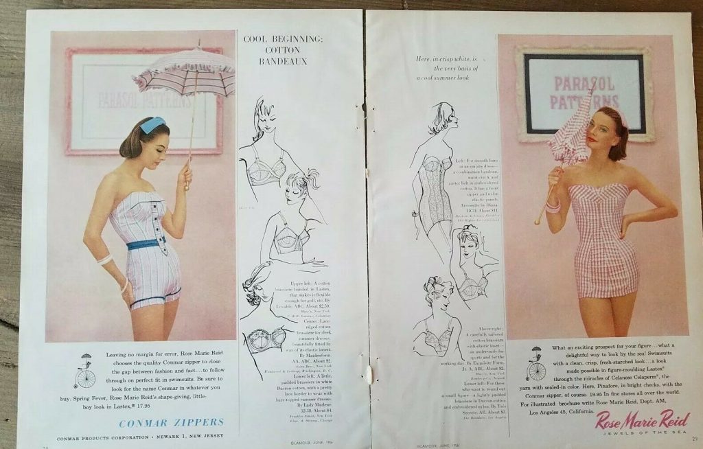 1956 Rose Marie Reid jewels of sea pink checked swimsuit umbrella ad. The vintage ad talks about the "technology" that makes RMR swimsuits stand out.