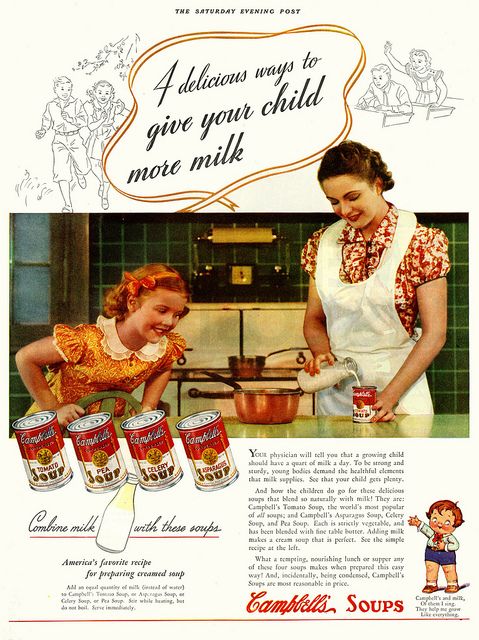 4 delicious ways to give your child more milk: Tomato Soup, Pea Soup, Celery Soup and Asparagus Soup". 1937 Vintage Ad. 