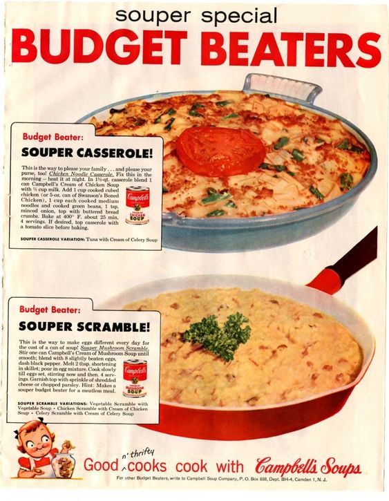 1950s vintage ad: "Souper Special Budget Beaters" - Campbell's Soup Ad from 1959 featuring recipes for a 'Souper Casserole' & a 'Souper Scramble'.