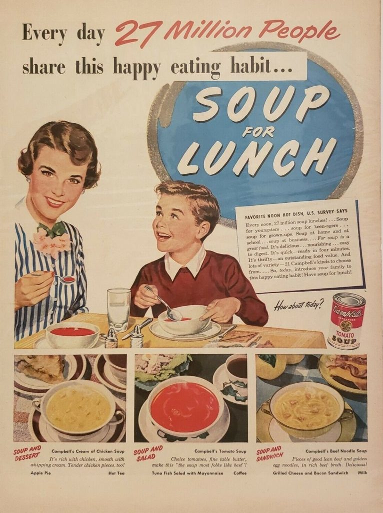 Vintage 1951 Campbell's Soup Print Ad featuring a 1950s housewife with her son. 