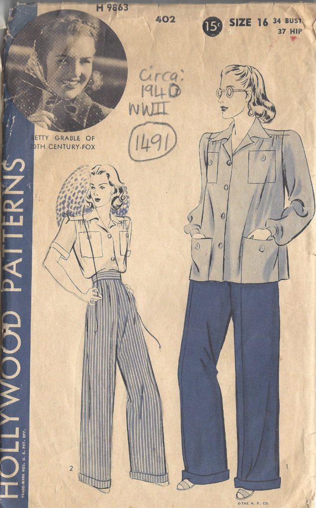 1940 WW2 Vintage Sewing Pattern B34 SHIRT & PANTS SLACKS (1491) Hollywood Patterns 402 featuring Betty Grable