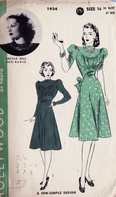 1940s vintage sewing pattern featuring an image of Lucille Ball and early 1940s dresses. 