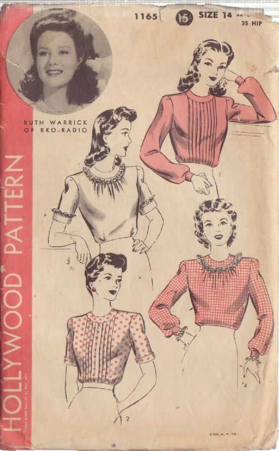 1940s Vintage Sewing Pattern featuring women's blouses and Ruth Warrick of RKO-Radio on the Hollywood Pattern