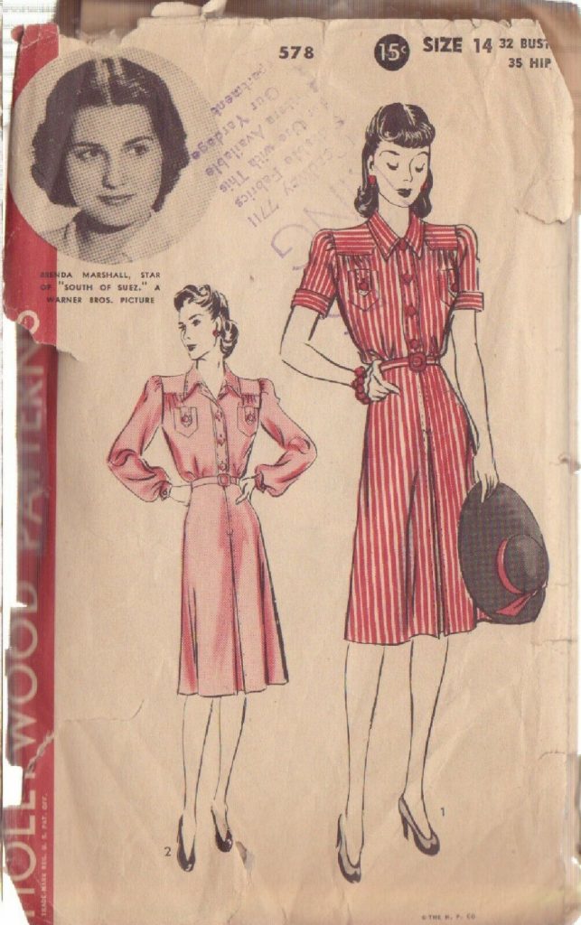 Brenda Marshall, Star of "South of Suez" a Warner Brothers Picture. The 1940s sewing pattern features fantastic Shirtwaist Dresses. 