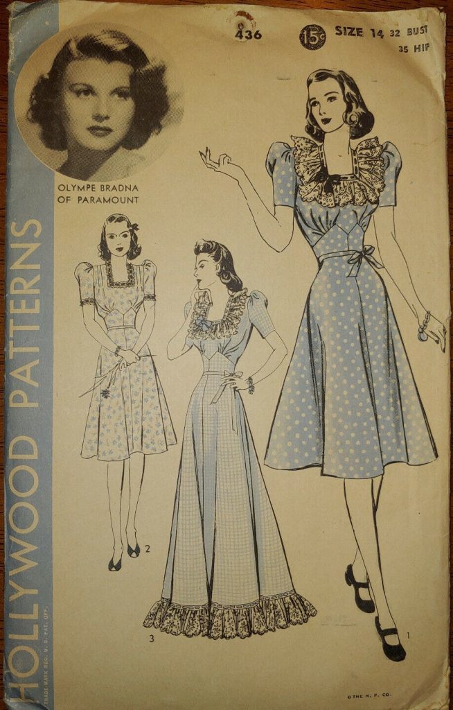 Olympe Bradna of Paramount is on this vintage sewing pattern for 3 different styles of late 1930s dresses. Long, short & dirndl style