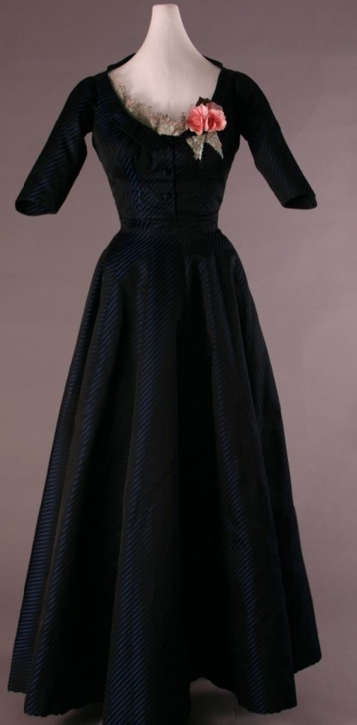 1940s Fashion: Satin Jacquard Evening Dress with Diagonal Stripes, about 1947