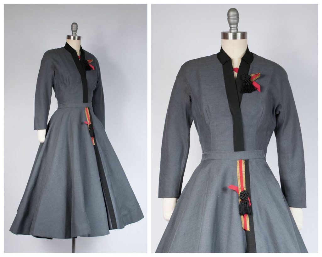 1950s Fashion: 1950s Ensemble by Carrie Munn. Tailored Blouse and Circle Skirt with Military Inspired Embellishments. 