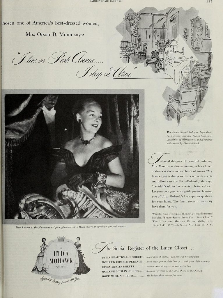 1950s Advertisement: Fashion designer Carrie Munn (Mrs. Orson D. Munn) in a 1951 advertisement for Utica and Mohawk Cotton Mills, Inc.