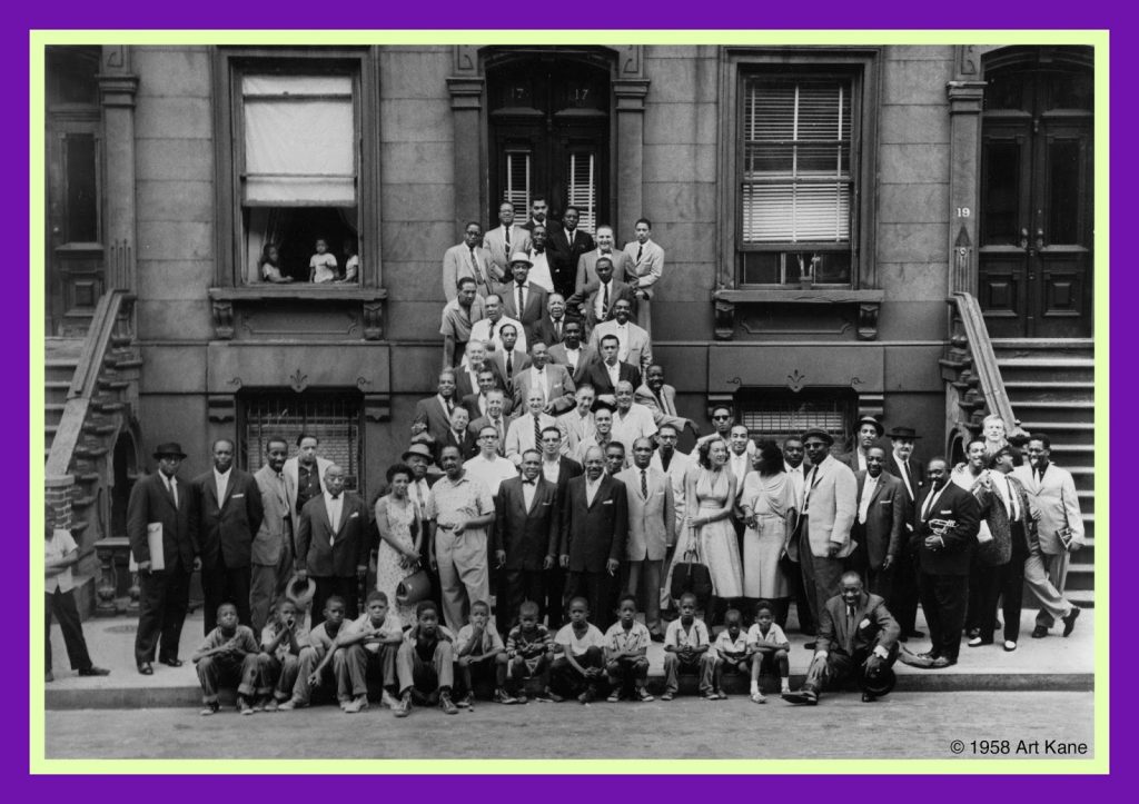 s a black-and-white photograph of 57 jazz musicians in Harlem, New York, taken by freelance photographer Art Kane for Esquire magazine on August 12, 1958