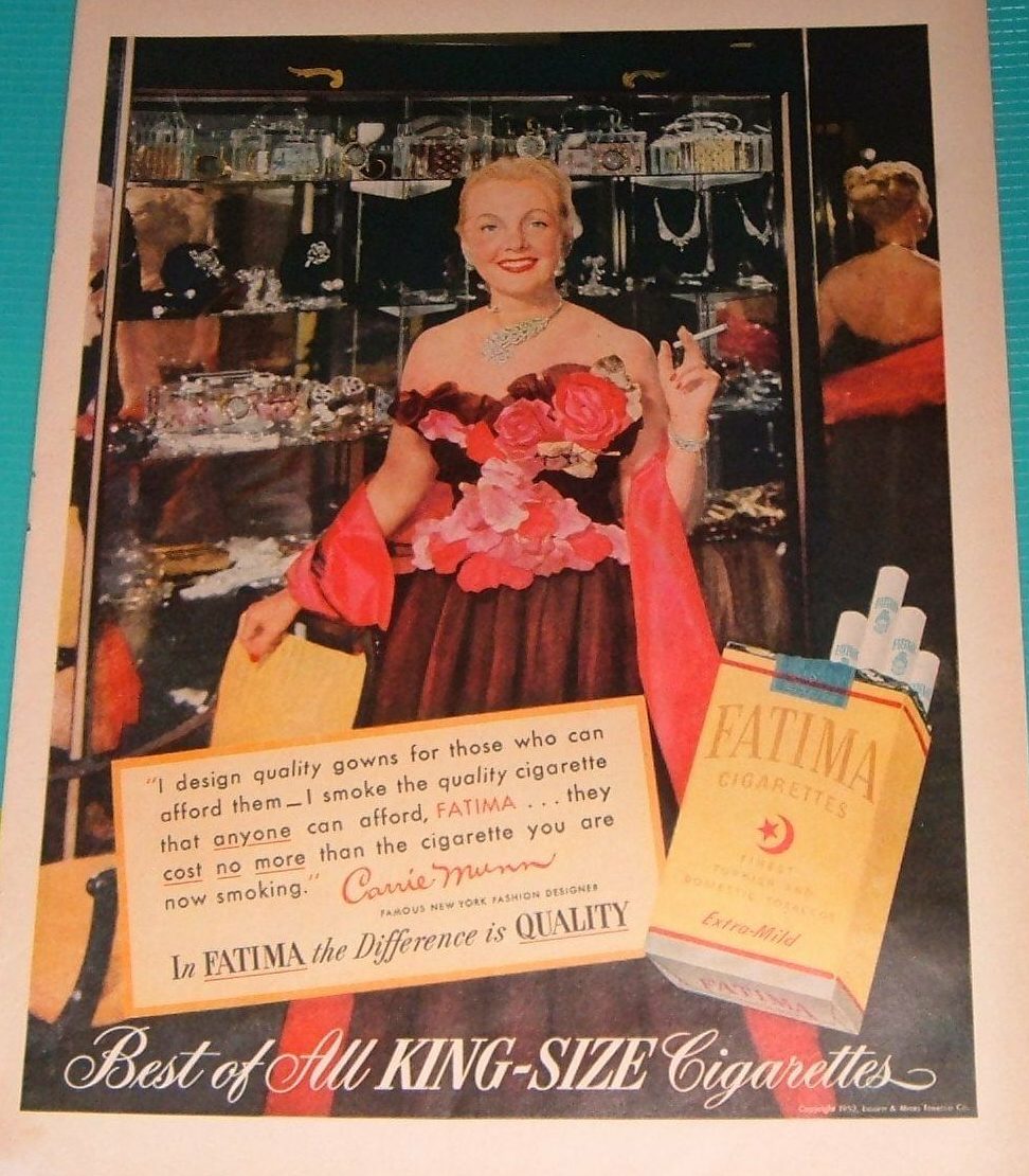 1950s Vintage Ad for Fatima Cigarettes featuring an image of Fashion designer Carrie Munn in one of her 1950s evening gowns. 