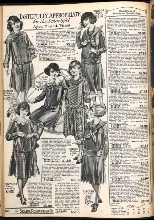 A variety of "tastefully appropriate" apparel for young schoolgirls from the Fall-Winter 1923 Sears catalog. 1920s fashion illustration of young girls in school clothes