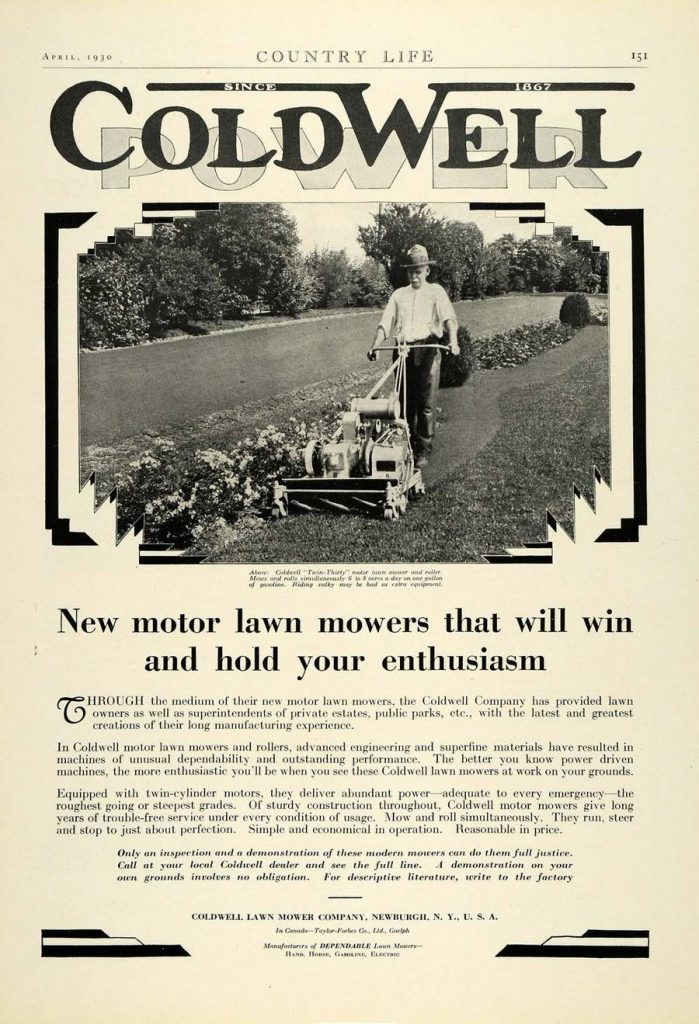 1930 black and white print ad for the Coldwell Lawn Mower Company of Newburgh, New York. "New motor lawn mowers that will win and hold your enthusiasm!"