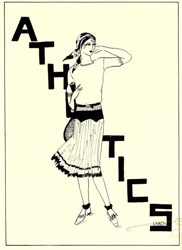 1930 Vintage Yearbook featuring a sketch of a woman in late 1920s fashions getting ready to play tennis. Sportswear fashion for women. 