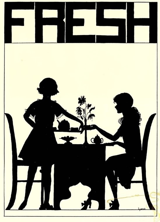 1930s vintage yearbook featuring the freshman class of St. Mary's School North Carolina. Image is a graphic design of 2 young woman having tea.