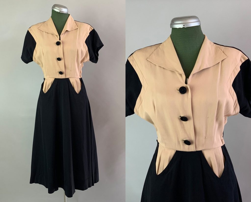 1940s Fashion: 1940s Color Block Frock | Vintage 40s Wool Gabardine Black and Dusty Pink Sassy Sensational Dress with Unique Pockets 