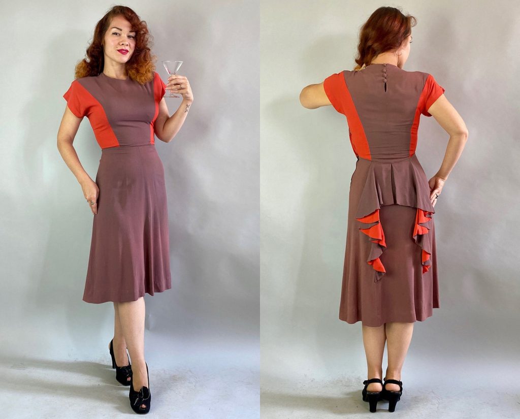 1940s Fashion: 1940s Fabulous Femme Fatale Frock | Vintage 40s Dark Taupe & Pumpkin Spice Orange Color Block Rayon Crepe Cocktail Dress w/Ruffles