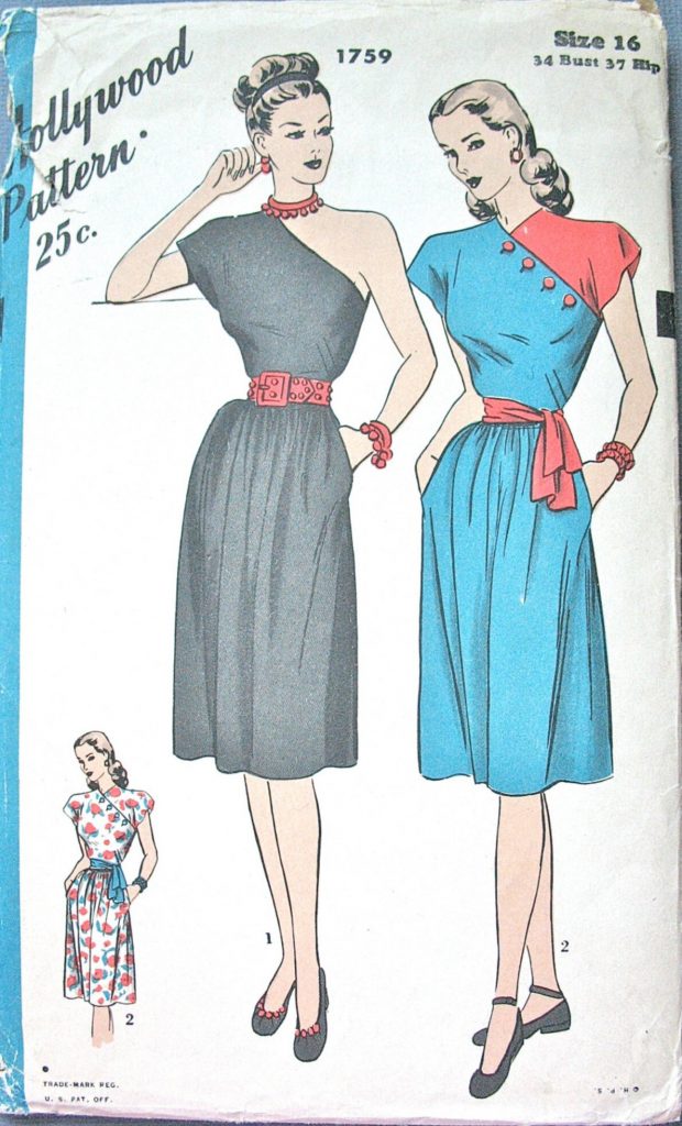 Uncut 1940s Hollywood 1759 One Shoulder Dress Pattern Vintage Sewing Grecian Style Dress Color Block Cocktail Dress