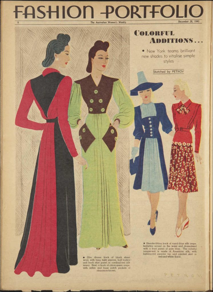 1940 Fashion Illustration featuring Color Block Evening Dresses & Casual Day Dresses