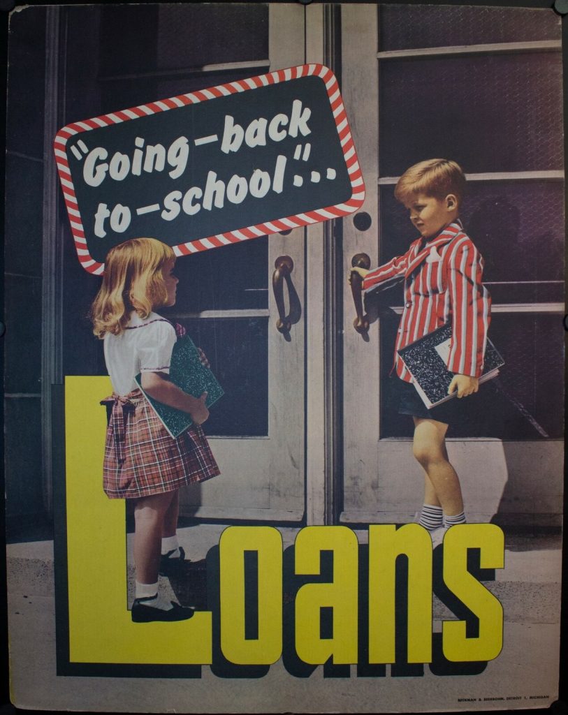 1950 Going-back-to-school Loans Debt Advertising Poster Vintage ad