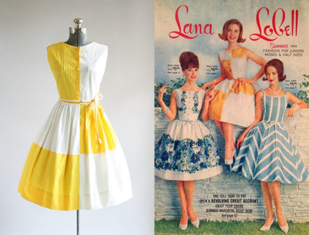 early 1960s Carol Rodgers cotton dress features a yellow and white color block print. Sleeveless. Button closure down front bodice with additional snap closure at front waist. Nipped waist and includes the original matching rope waist ties. Full pleated skirt.