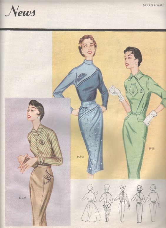 1950s Fashion Illustration: Modes Royale Fall/Winter 1955/56 Womens Fashions featuring a color block dress. 