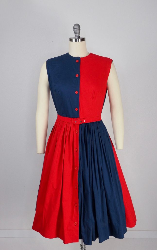 1950s Fashion: 1950s red and blue color block shirtwaist dress