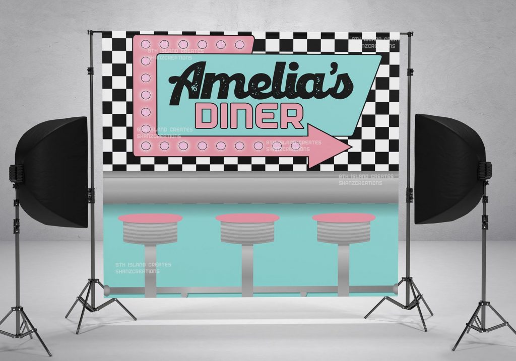 Retro Diner Backdrop Pink / Diner Banner / Retro Diner / Diner Party Decoration / Retro Birthday/ Diner Theme/ Diner Birthday / 50s Birthday