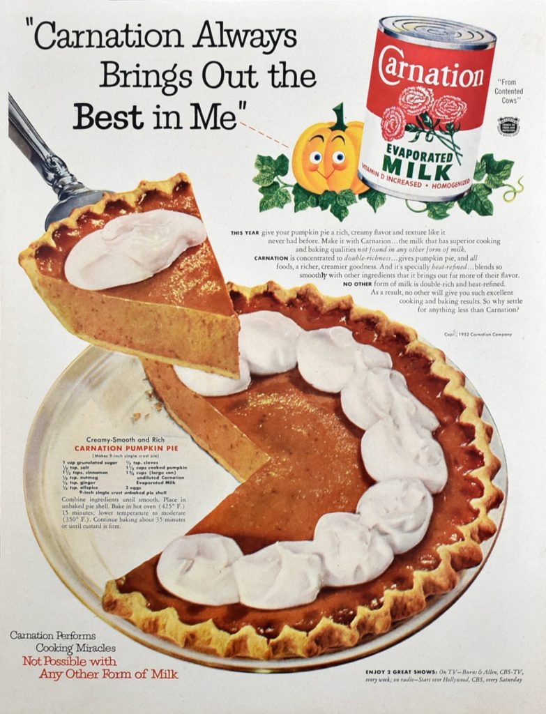 1952 Carnation Evaporated Milk Ad - Pumpkin Pie recipe. 