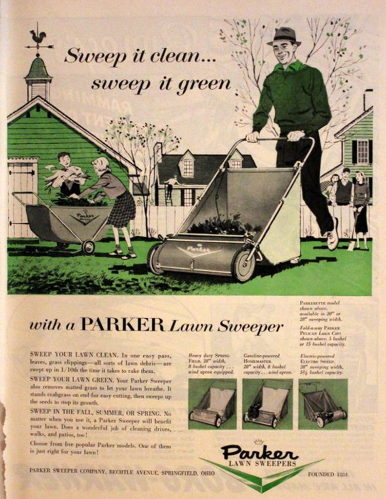 1956 Parker Lawn Sweeper Ad featuring an illustration of a man cutting the grass and his family near by