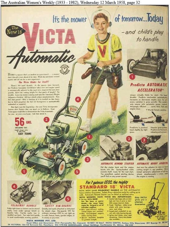 1958 vintage lawn mower ad for Victa Automatic featuring a boy dressed up as a space man