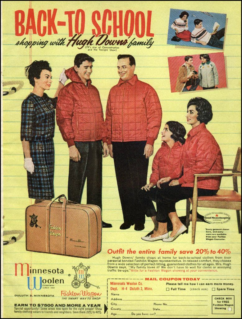 1960s vintage ad for Minnesota Woven, 1962 featuring a 1960s family in back to school clothes