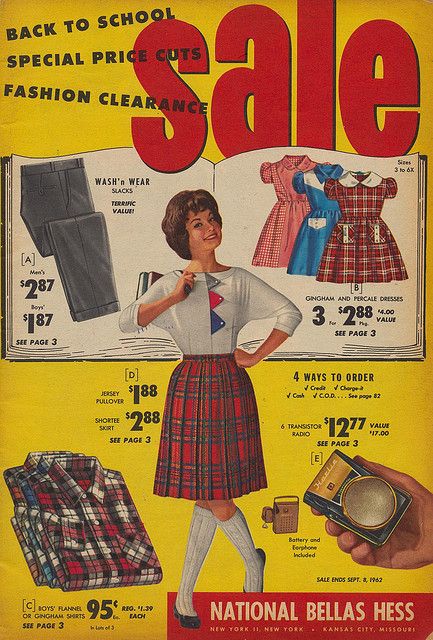 1960s vintage ad: 1962 Back To School National Bellas Hess Catalog featuring a young woman in 1960s fashion for school