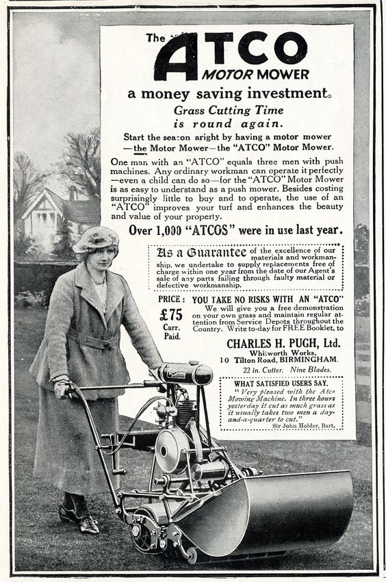 Atco Motor Mower ad, 1922 featuring a woman in 1920s outfit pushing a lawn mower.