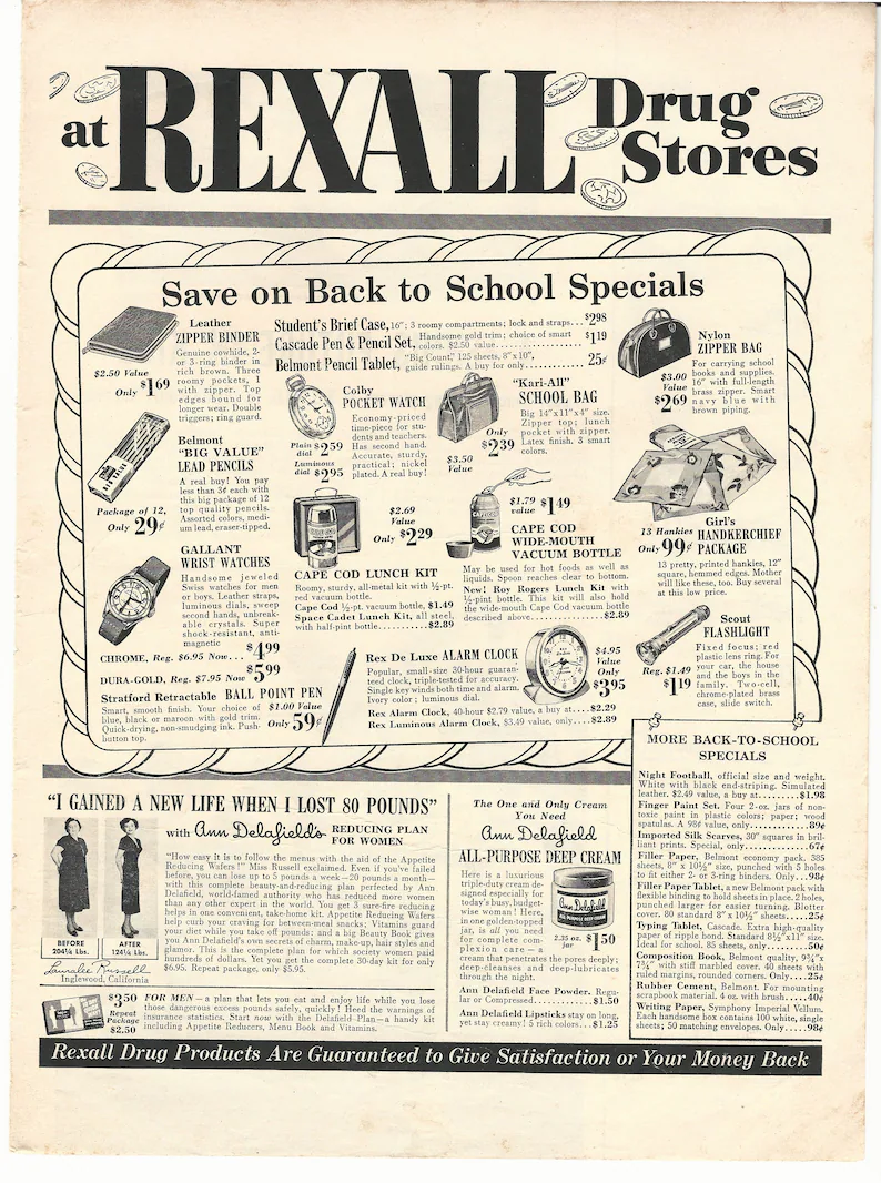 1950s vintage ad: REXALL DRUG STORES Original 1954 Vintage Extra Large Black & White Print Advertisement - September Back to School Sale