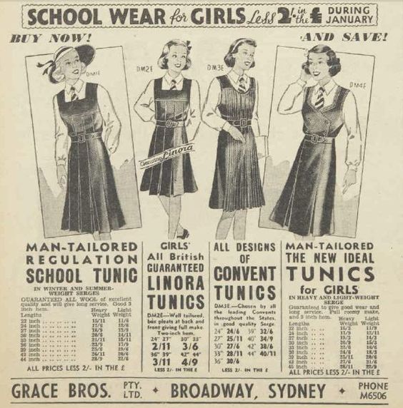 School wear from Grace Brothers, Broadway, Sydney 1938. 1930s fashions for young girls. 