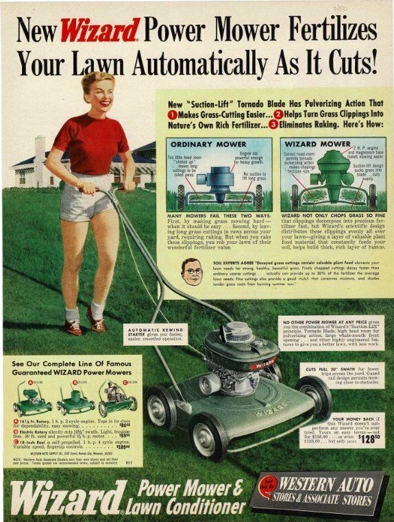 VINTAGE 1952 WIZARD POWER LAWN MOWER FERTILIZER MOM PUSHING MOWER AD PRINT