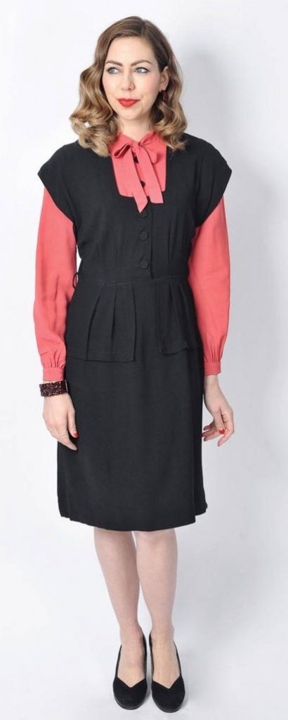 1940s Fashion: Vintage 1940's Black and Pink Rayon Dress/ 40's Colour Block Dress 