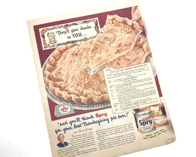 1950s Vintage Ad for Spry Shortening, Thanksgiving Ad with Apple Pie Recipe, Original Magazine Advertisement, 1952