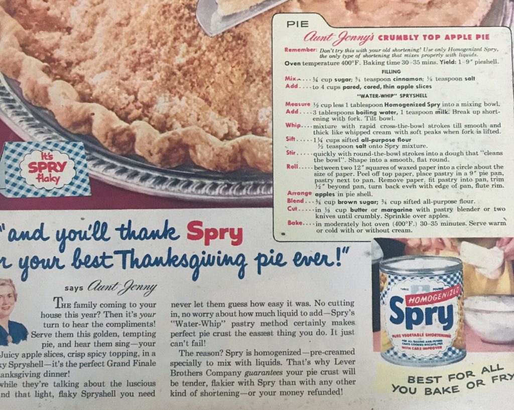 1950s Vintage Ad for Spry Shortening, Thanksgiving Ad with Apple Pie Recipe, Original Magazine Advertisement, 1952