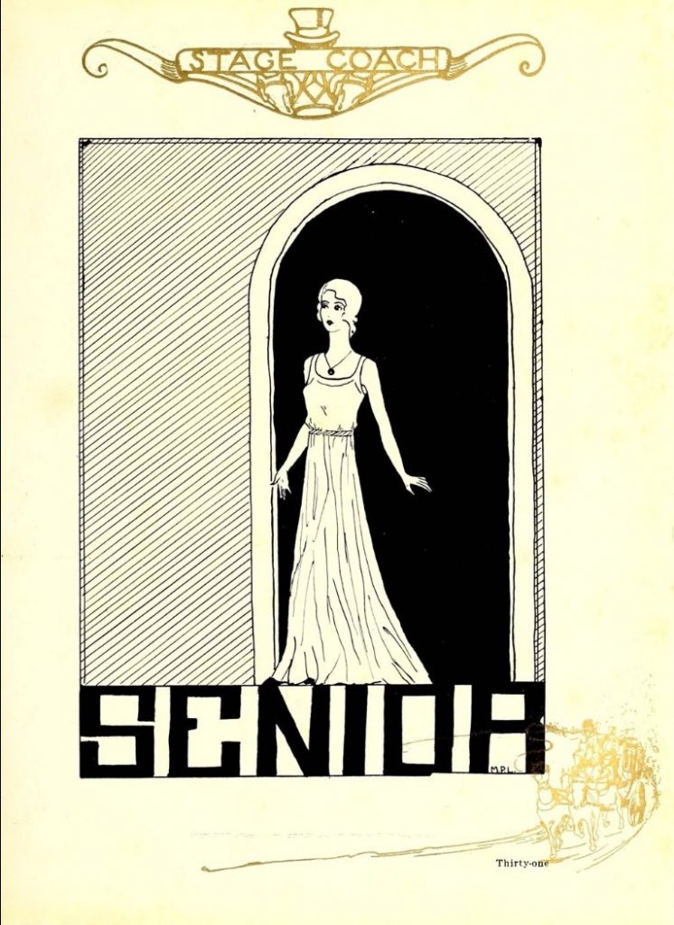 1930 Yearbook inside page featuring an illustration of a young woman in 1930s evening gown. Senior Student. 