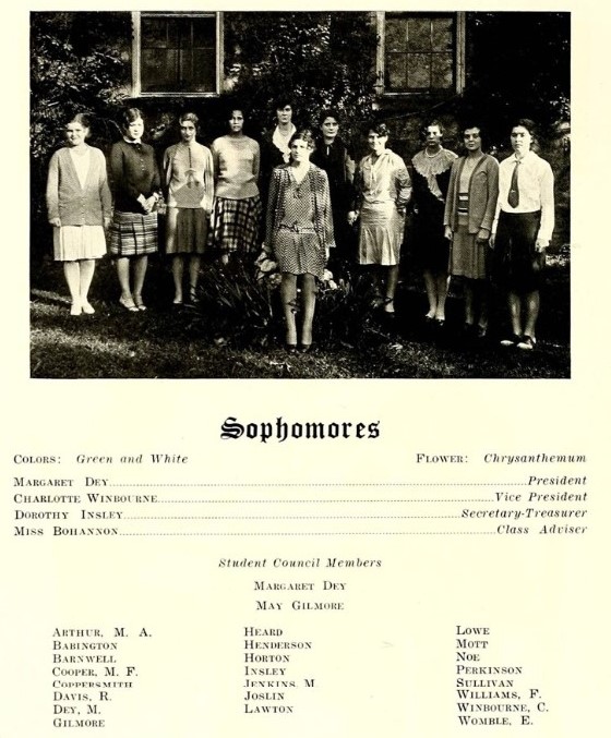 1930s vintage yearbook featuring Sophmore class of St. Mary's Schoo, North Carolina. All the young women are wearing late 1920s fashions. 