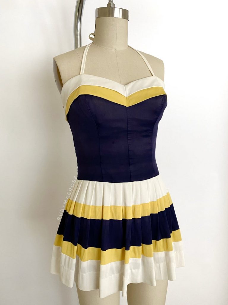 1950s Fashion: vintage 1950s designer swimsuit | 50s Rose Marie Reid colour block halter skirted swim bathing suit