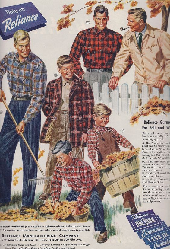 Fall Cleanup Reliance Garments 1944. 1940s vintage ad featuring men's plaid shirts