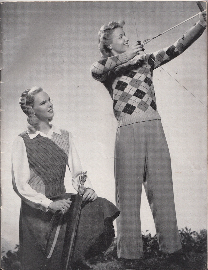 1940s Women's Vintage Knitting Pattern booklet featuring Sweater Vests like these two ladies doing archery are wearing. 