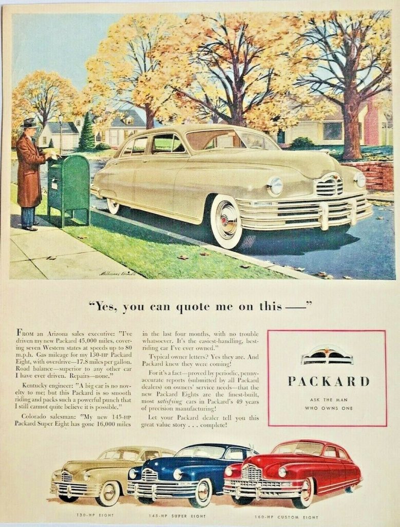 1940s vintage ad for a 1948 Packard print ad featuring a lovely fall scene in the background.